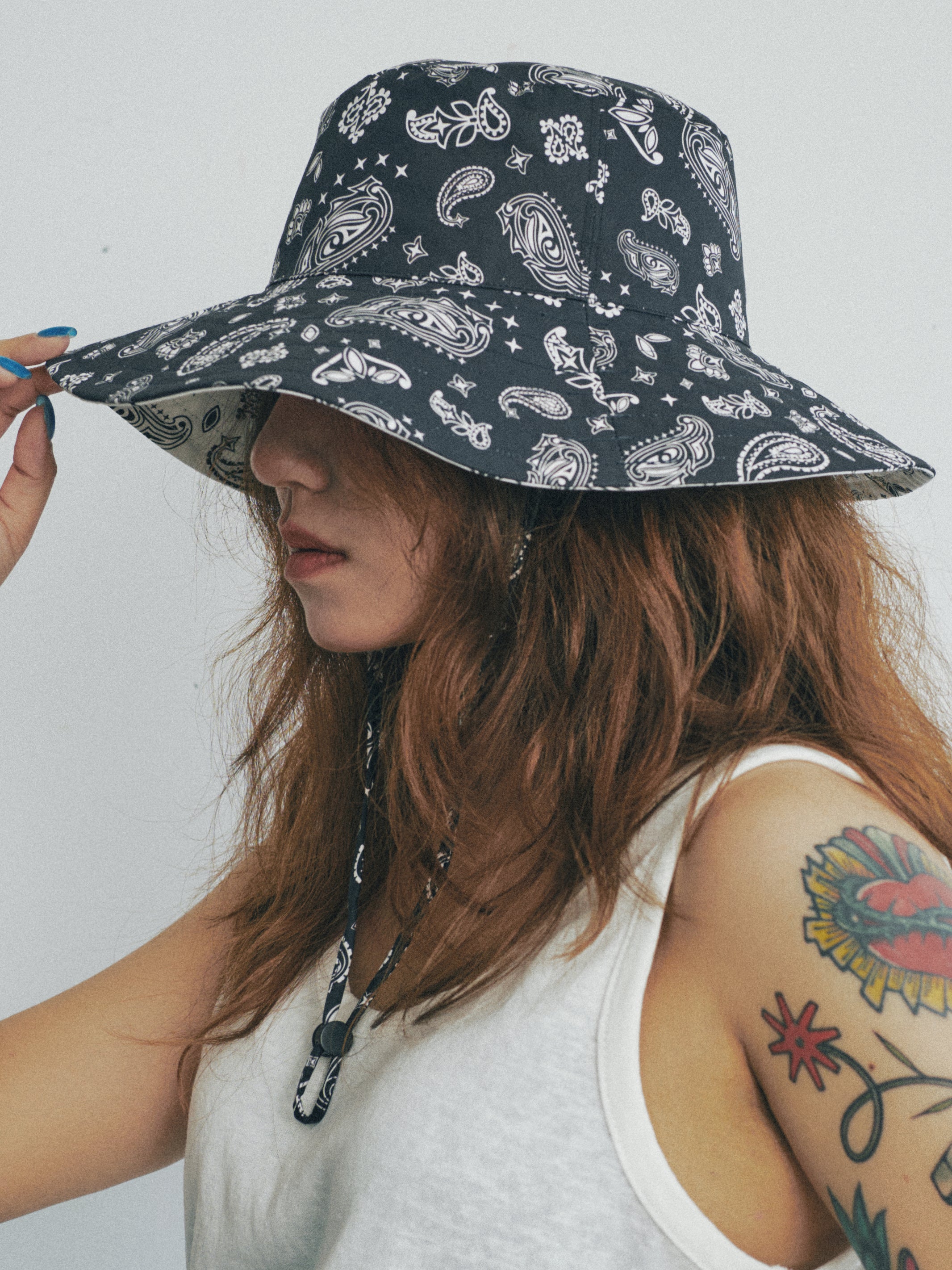 "Paisley" Cotton Reversible Sun Hat - Charcoal Black